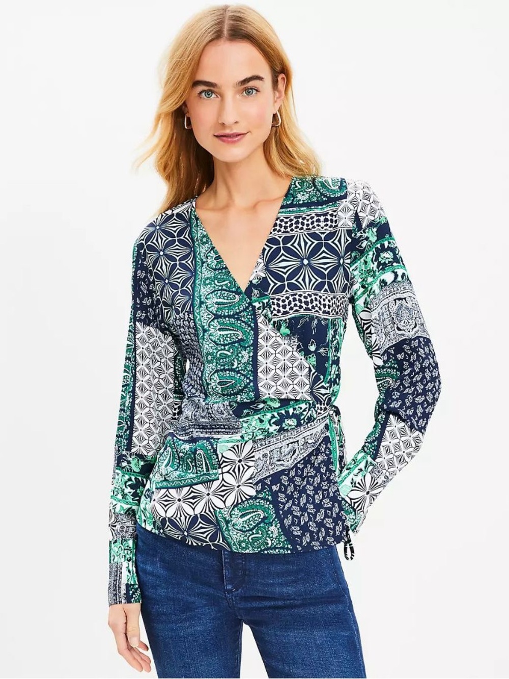 LOFT Mixed Print Wrap Blouse in Green & Navy, S